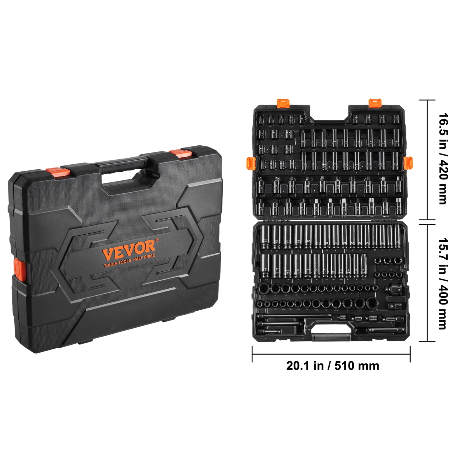 VEVOR Impact Socket Set 130 Piece 3/8" & 1/2" - SAE & Metric Drive Socket Set - 6 Point Cr-Mo Alloy Steel for Auto Repair - Easy-to-Read Size Markings - Includes Storage Case