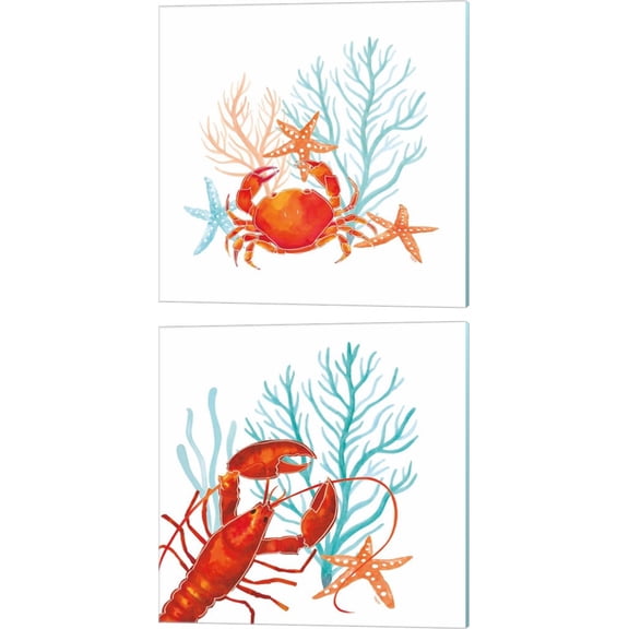 Great Art Now Coral Aqua B by Tara Reed 2 Piece Canvas Art Set Each 14"W x 14"H