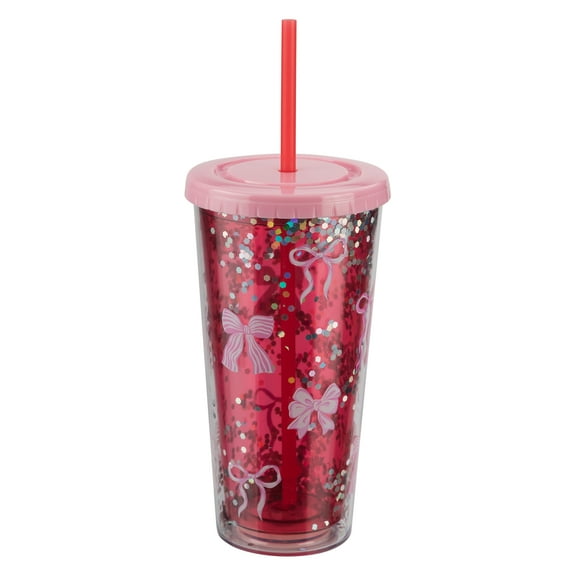 Sparkle Bows Plastic Tumbler with Straw and Lid, Pink and Red, 24 oz, Valentine's Day by Way To Celebrate