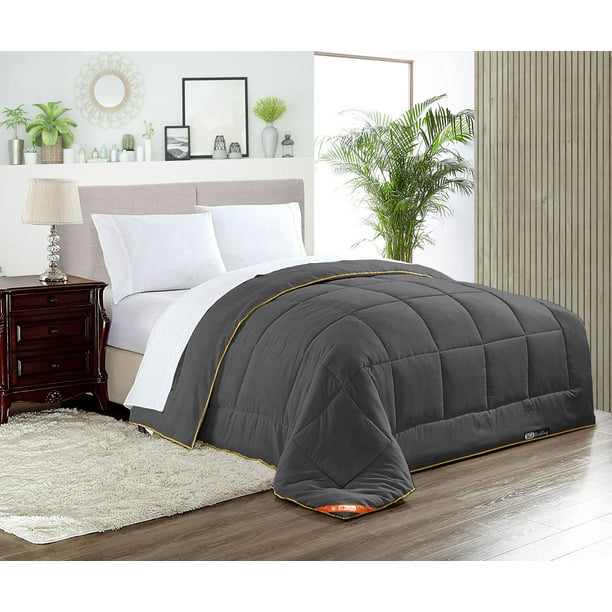 Oversized Queen Comforter Solid Dark Grey 300 GSM Plush Siliconized  Microfiber Fill Duvet Insert With 1000 Thread Count Egyptian Cotton Shell  Fluffy Soft with Premium Piping & Matching Pillowcases 