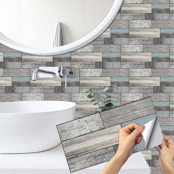 6 Pcs Gray Blue Wood Grain Tiles Stickers Decals 11.8 x 5.9" Waterproof Peel and Stick Vinyl Mosaic Wall Sticker Kitchen Backsplash