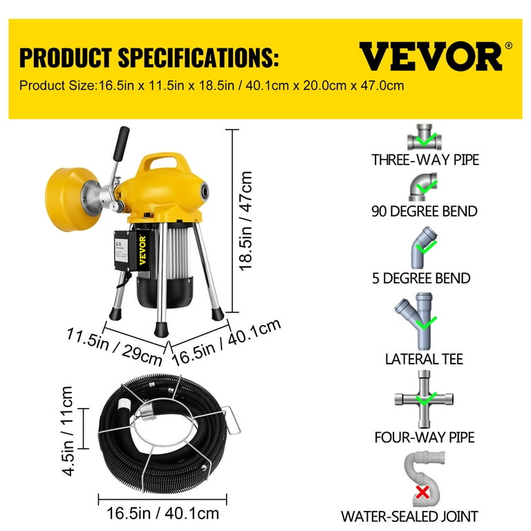 VEVOR Drain Cleaner Machine 50ft x 1/2in. Electric Drain Auger 370W Sewer  Snake Machine Auto-feed Control, Fit 1-2''(51mm) to 4''(102mm) Pipes, w/  Cutters & Foot Switch, for Drain Cleaners, Plumbers 