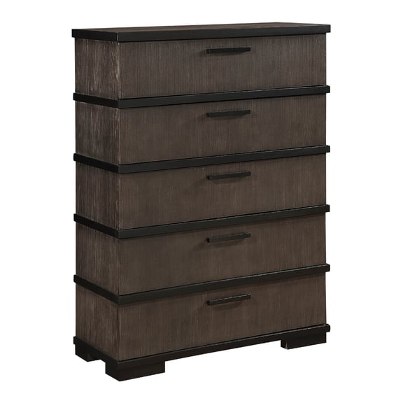 Benjara Acy Tall Dresser Chest, 5 Drawer Bar Handles, Brownish Gray Black Wood