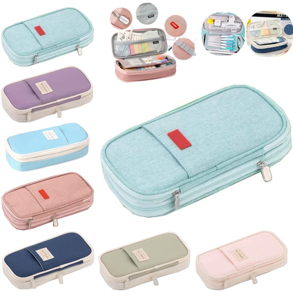 Pencil Case Pencil Pouch Large Capacity Multi Compartment Canvas Pen Bag Solid Color Zipper Stationery Organizer for Students Kids Classroom Daily Study Supplies Storage,Mint Green