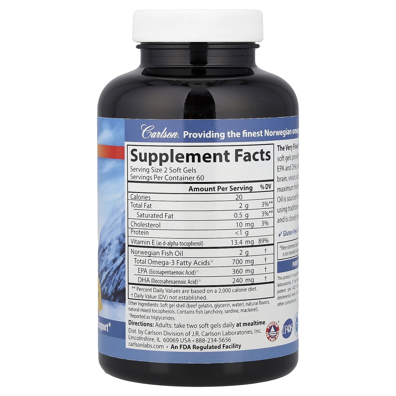 Carlson The Very Finest Fish Oil, Natural Lemon, 700 mg, 120 Soft Gels (350 mg per Soft Gel)