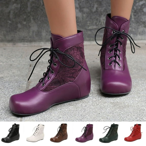 LOVZFMLL Boots for Women Ankle Booties Lace Up Round Toe Adjustable Straps Flat Heel Fashion Casual Fall Winter Boots Shoes