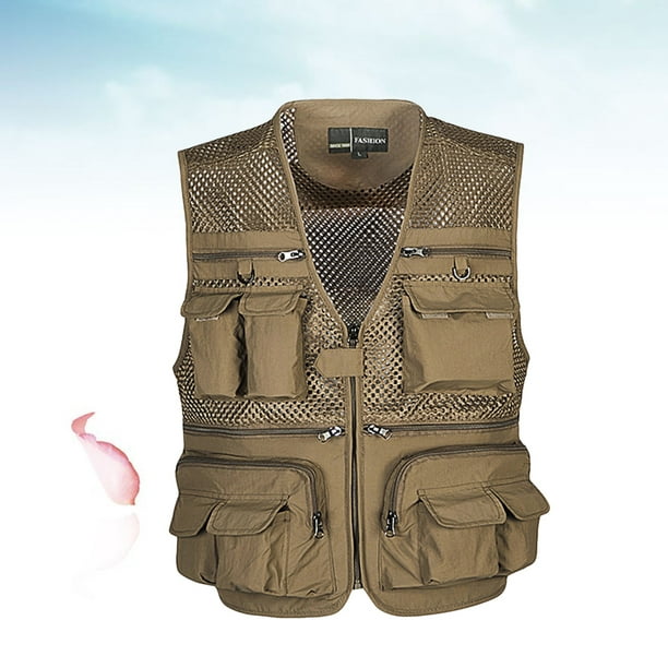 Men Vest Mesh Washable Outdoor Fishing Vest Keep Warm Body Warmer  Multi-pockets Clothing for Men - Size 3XL (Khaki) 