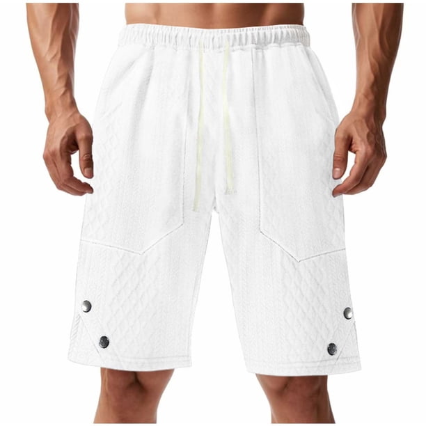 Hombres Carga Pantalones Cortos con Bolsillos, Color Sólido Casual Gran Bolsillo Botón Cordón Elástico-Cintura Mitad de Carga