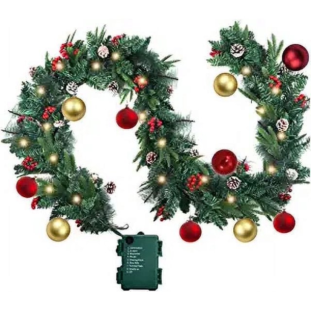 POINTERTECK Guirlande de Noël 9 Pieds - Décorations Extérieures Guirlande Pré-Éclairée avec Cône de Pin Argenté, Boules de Noël aux Baies Rouges, Lumières à Piles pour Cheminée, Porte, Fenêtre, Escaliers