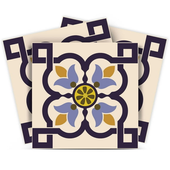 Mi Alma Flower Blue Beige Gold Tile Stickers - Removable Vinyl 4x4, 24 pcs