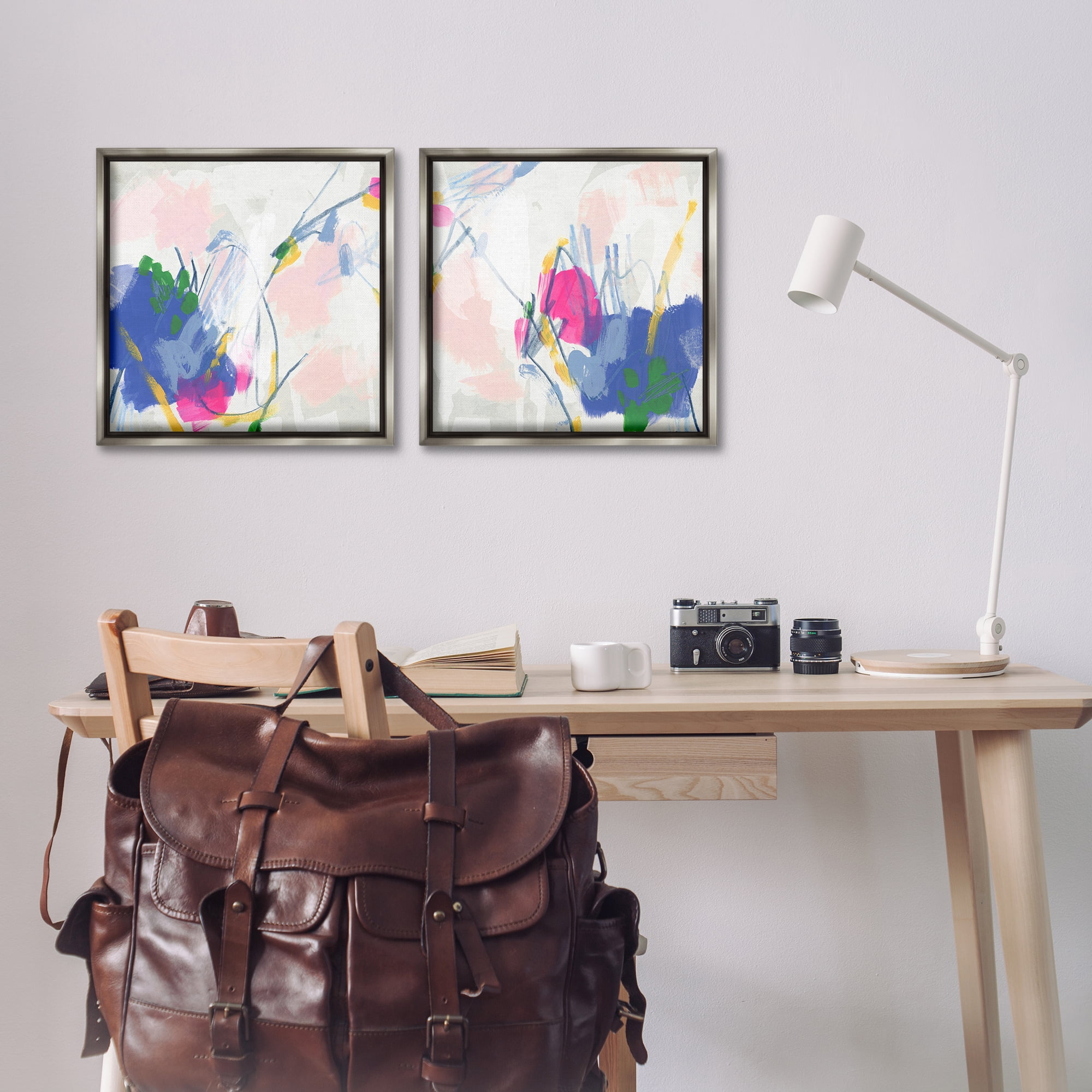 Stupell Industries Pink Blue Pop Abstract Abstract Painting Gray Floater Framed Canvas Art Print Wall Art, 18 x 18, Set of 2