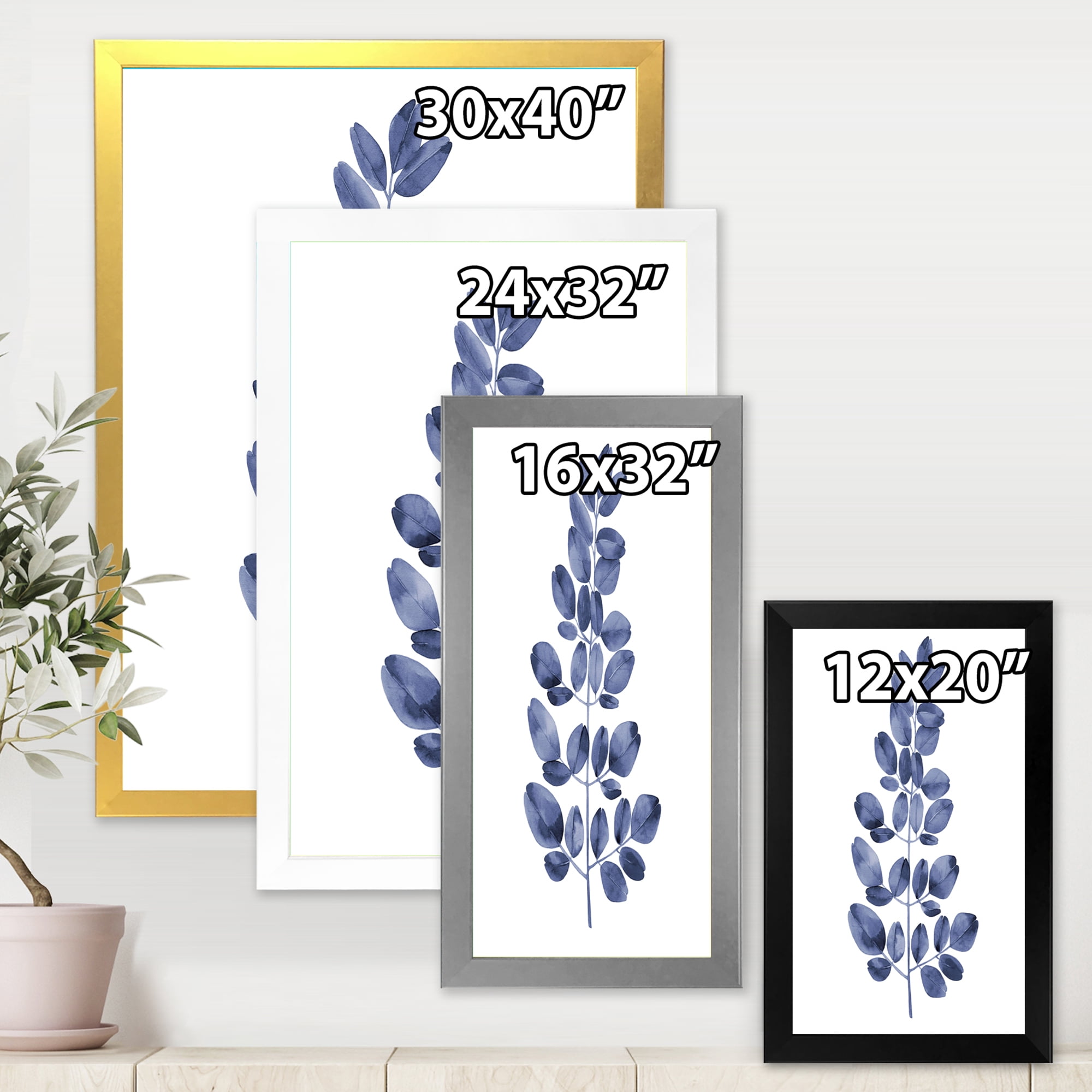 Designart 'Navy Blue Eucalyptus On White' Traditional Framed Art Print