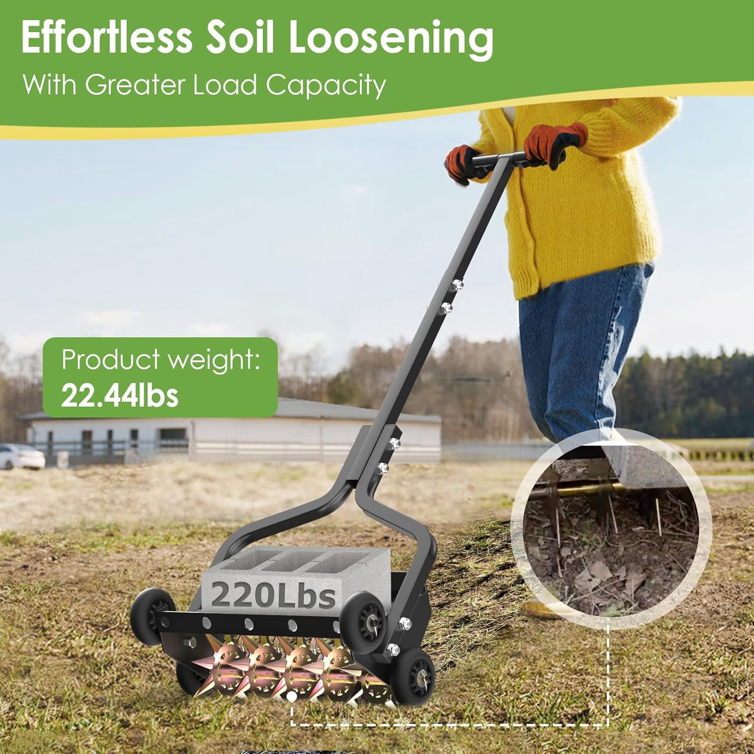 DKMOCO 18in Lawn Aerator, Upgraded Heavy Duty Manual Lawn Aerators Tool w/ 3D Steel Tines and 4 Wheels, Push Spike Aerator Suitable for Garden, Lawn and Yard