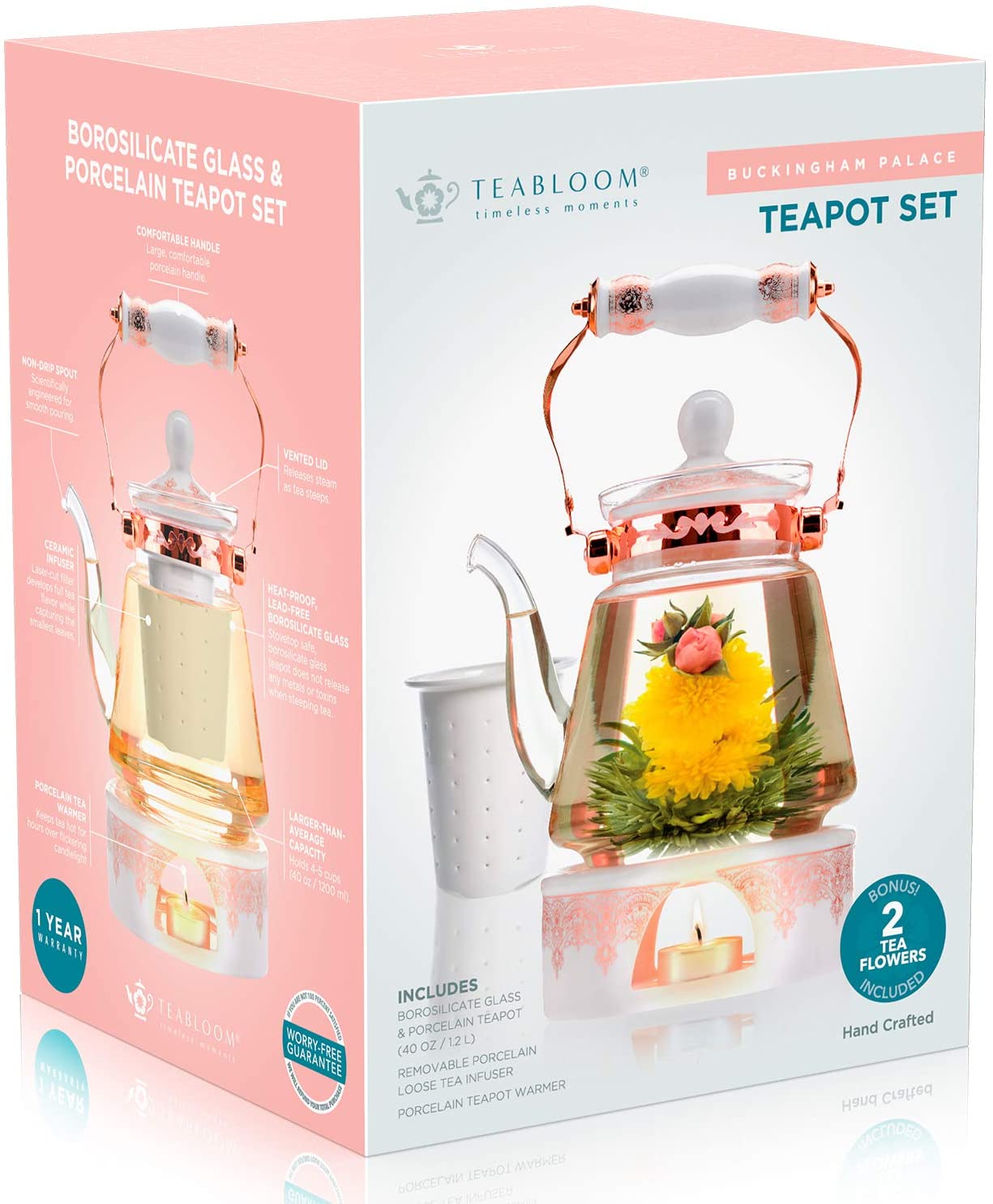 Teabloom Buckingham Palace Teapot & Flowering Tea Gift Set (6 Pieces) - Stovetop Safe Glass Teapot (40 OZ / 1.2 L / 4-5 CUPS), Porcelain Lid, Tea Warmer... - image 5 of 6