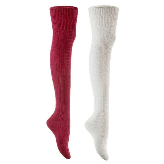 Lian Style Women's 2 Pairs Long Lasting, Colorful and Fancy Thigh High Over the Knee High Cotton Socks JMYP1025 Size 6-9 Wine, Cream White