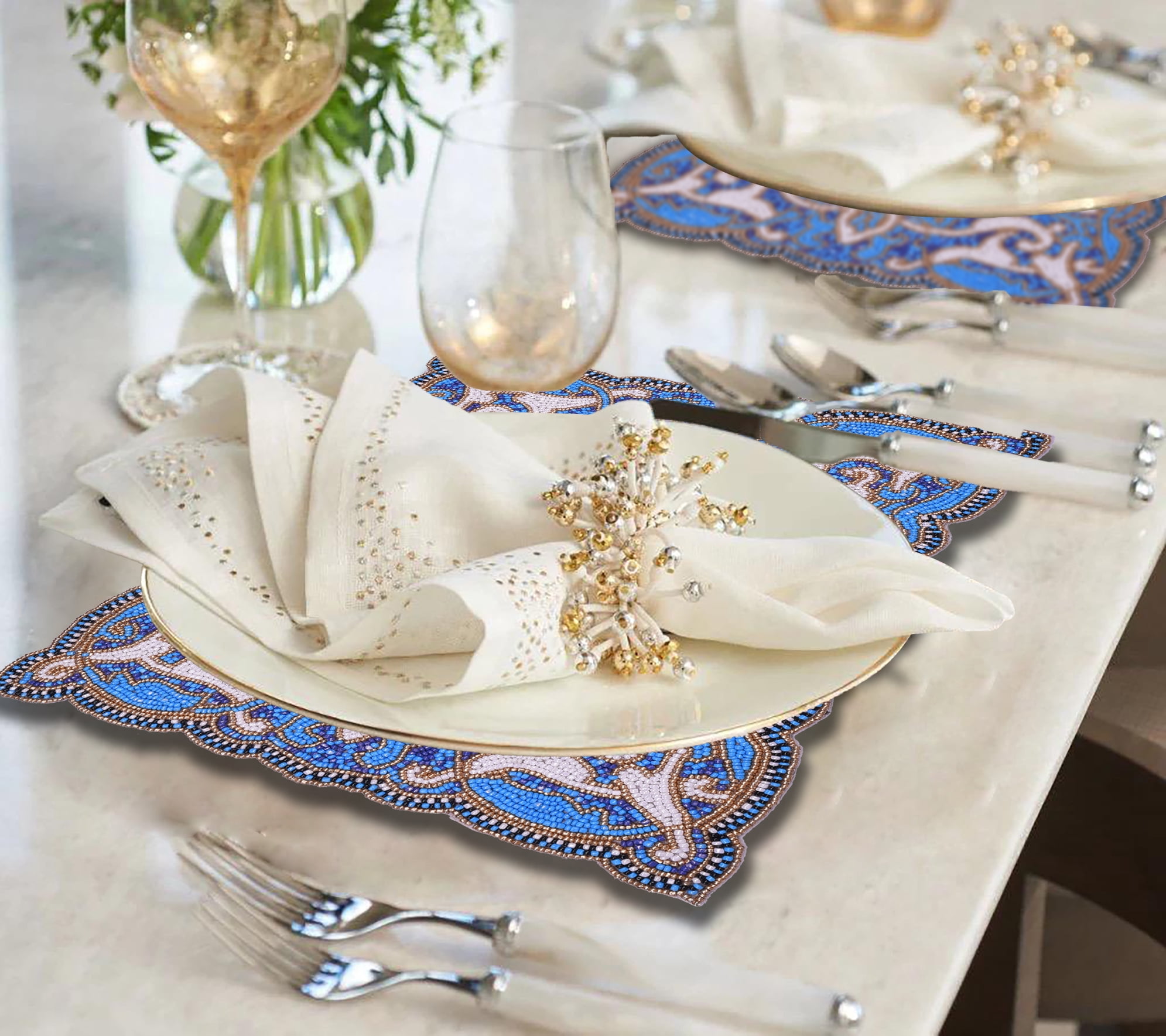 Blue White Beaded Placemats for Fall Autumn Thanksgiving Dining Table Scratch Heat Resistant Charger Mats Kitchen Decor Set of 6
