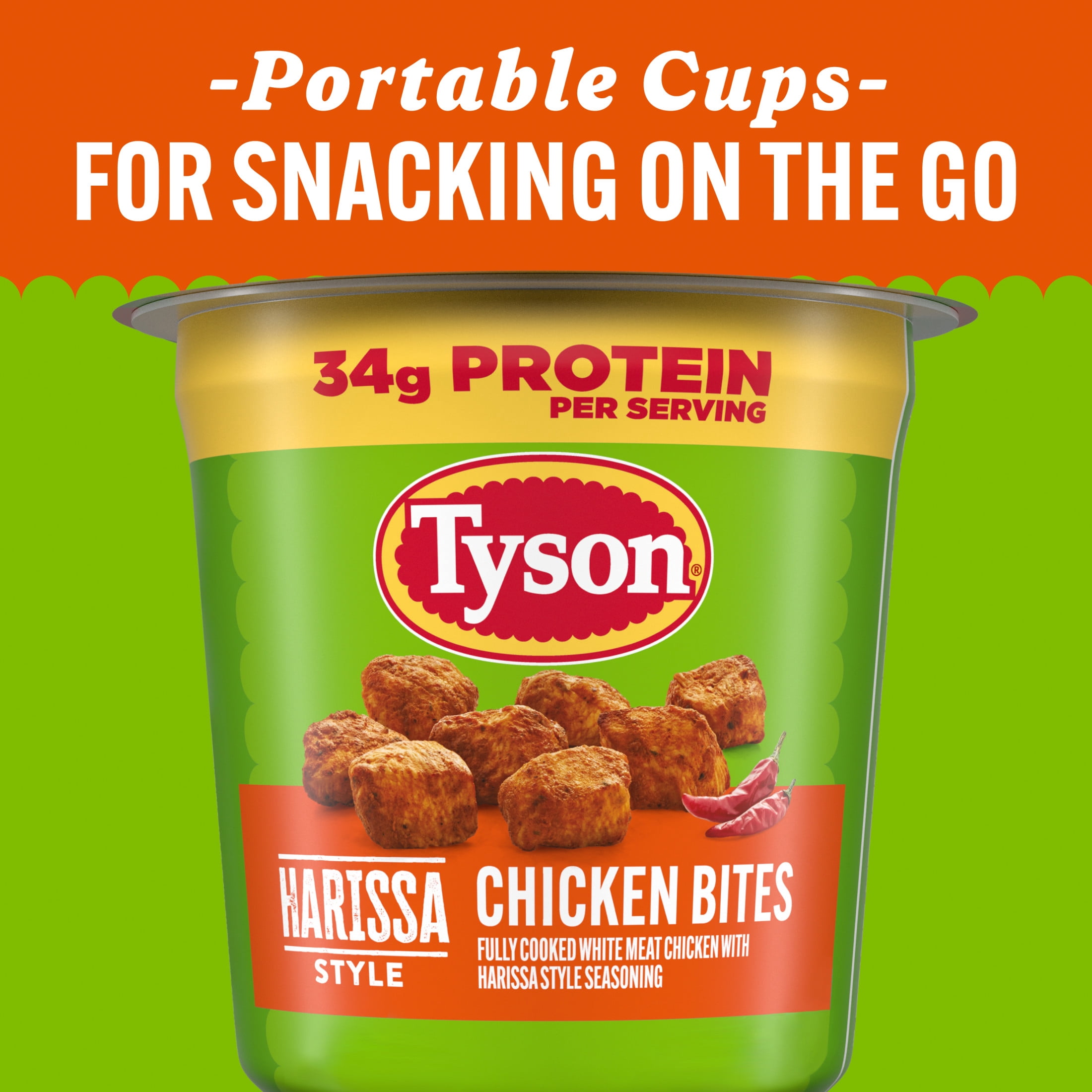 Tyson Chicken Bites, Harissa Style Seasoned Frozen Snacks, Fully Cooked, 5.2 oz Cup