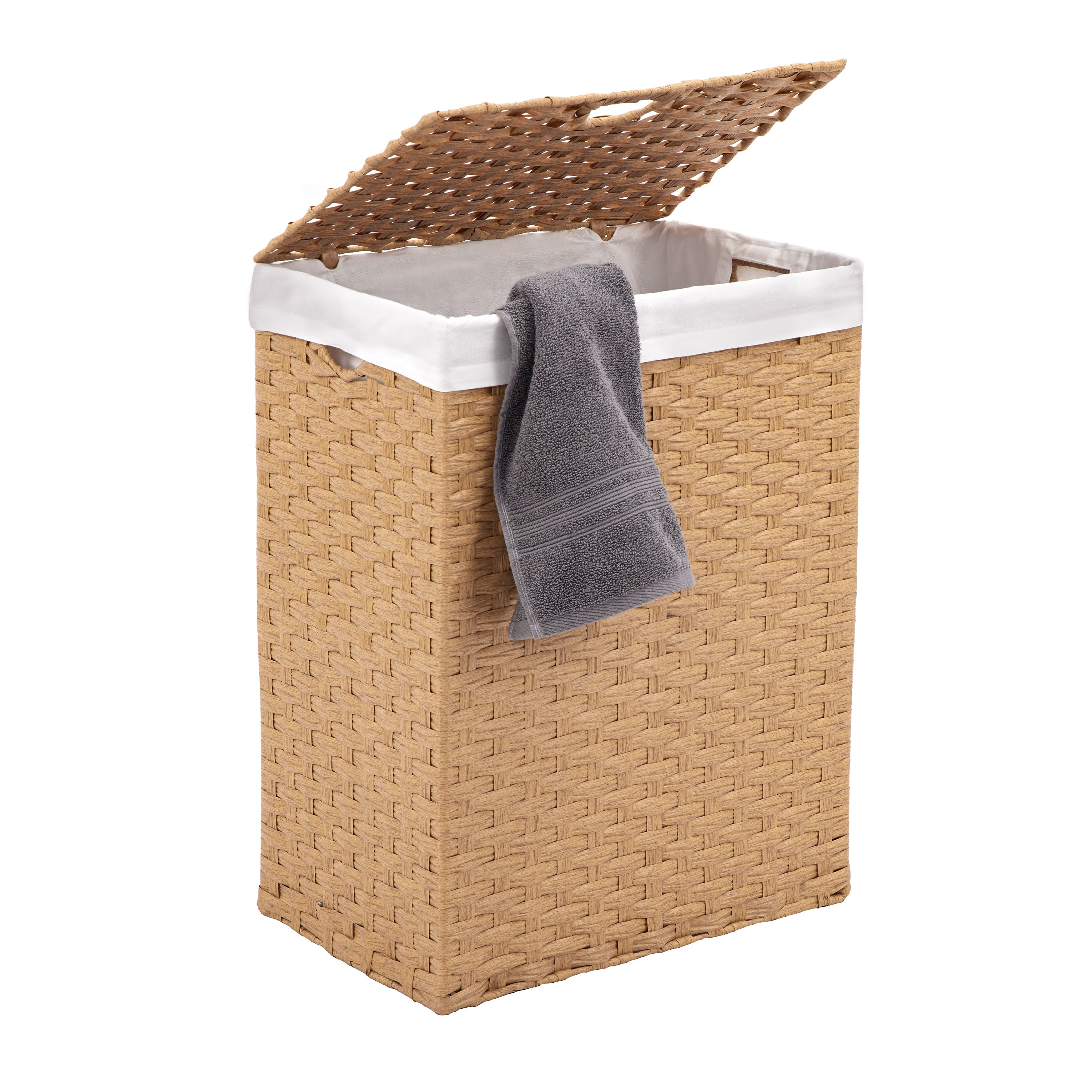Seville Classics Handwoven Lidded Removable Washable Canvas Liner Portable Laundry Hamper Bin, Tan