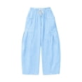 thumbnail image 5 of Womens Linen Pants Casual Loose Flowy Wide Leg Palazzo Harem Pants Drawstring Elastic Waist Lounge Trousers with Pockets Blue M, 5 of 5