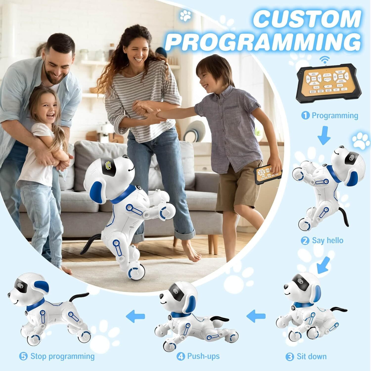 Remote Control Robot Dog, Smart Programmable RC Electronic Pet Puppy with Early Education Function, White/Blue
