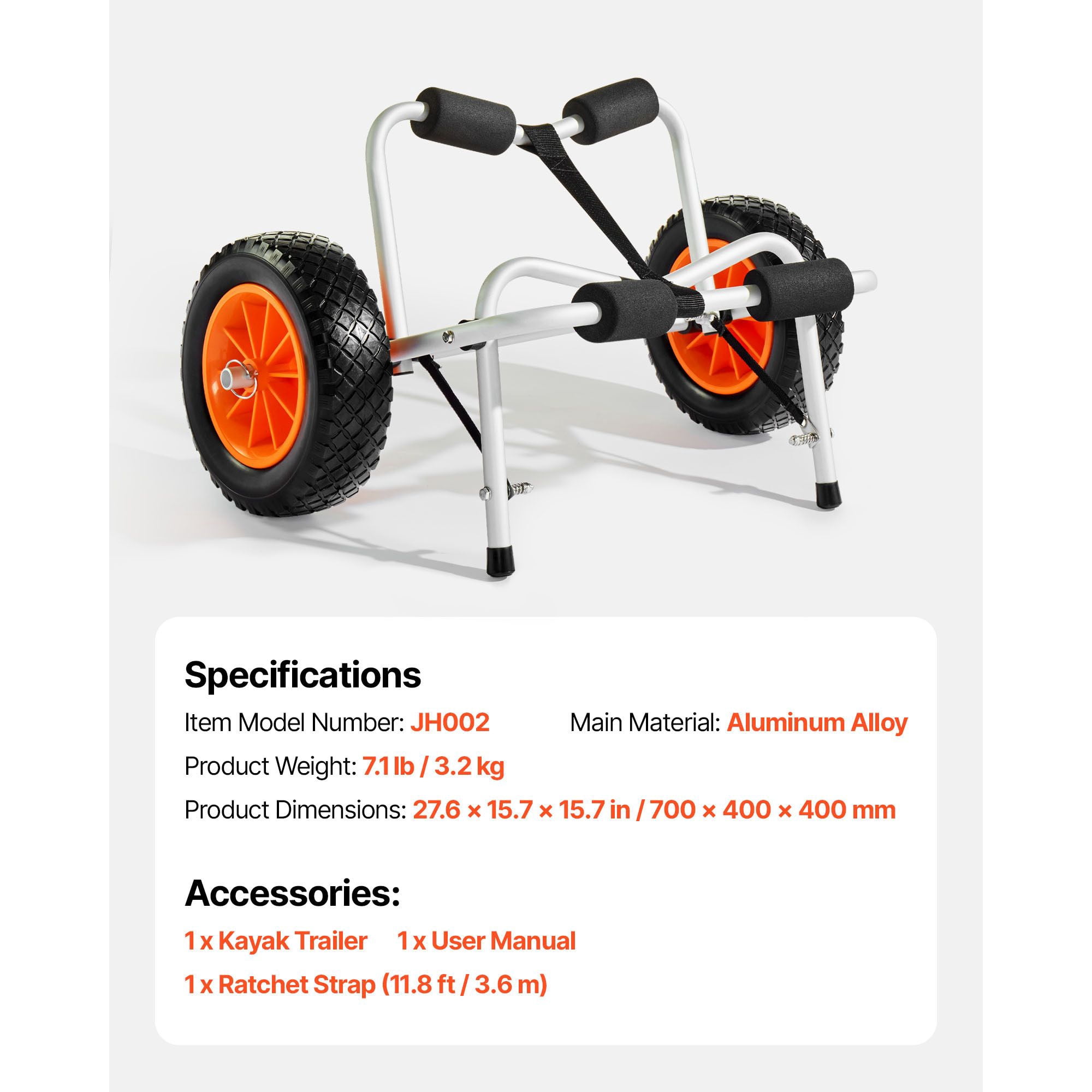 Foldable Kayak Cart, 250Lbs Capacity, 10" Solid Rubber Tires, 1 Ratchet Strap, for Canoe/Paddleboard/ Boat/Mats
