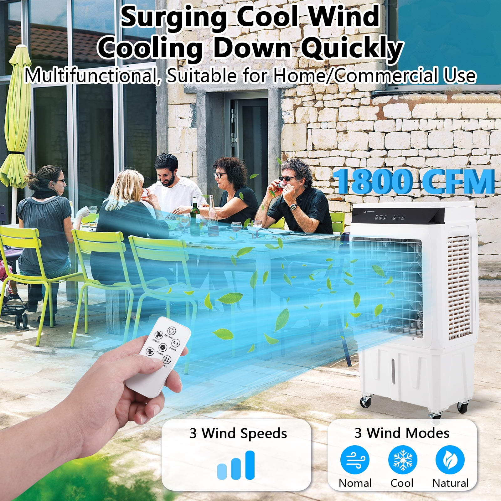Evaporative Air Cooler, 1800CFM Swamp Cooler with 8.4Gal Water Tank, 12H Timer & Remote, 3 Speeds, 120° Oscillation, Includes 4 Ice Packs for Indoor/Outdoor Use, Home Patio Garage