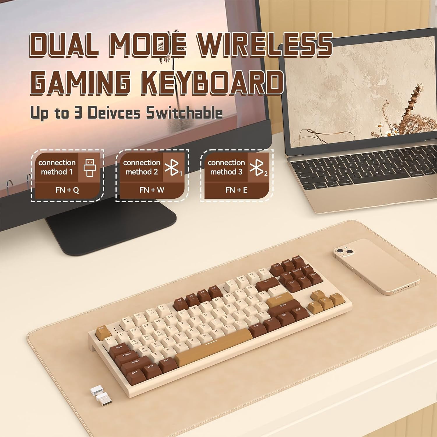 ZIYOULANG M88 Wireless Gaming Keyboard, Hot Swappable TKL Mechanical Keyboard, Bluetooth/2.4Ghz Dual Mode Connect, Type C/USB A 2-in-1 Receiver, 87 PBT Keycaps Red Switch for PC/MAC - Milk Tea