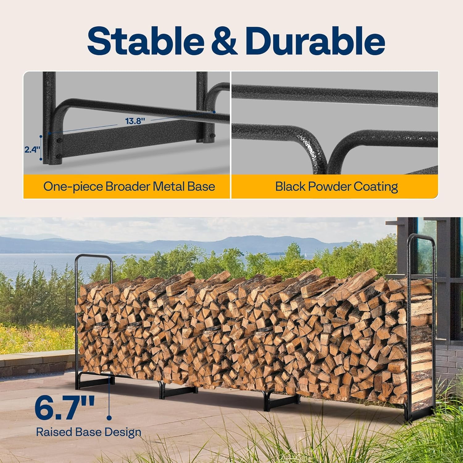 SPECSTAR 12 ft Heavy Duty Firewood Rack Outdoor with Cover, Fire Wood Storage Rack, Log Holder and Cover Combo Set with Zipper, Black