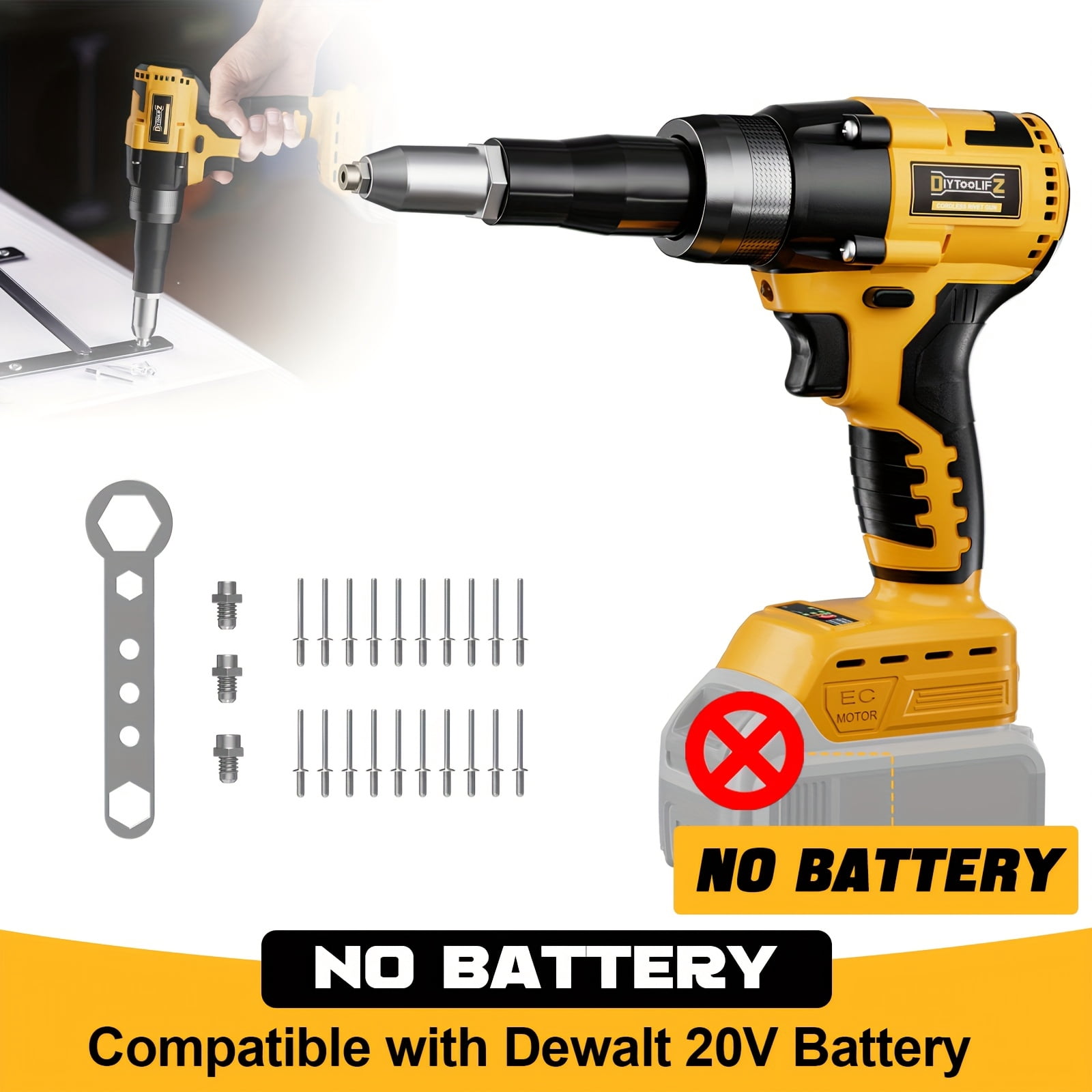 Pop Rivet Gun For 20V Battery, Cordless Rivet Tool With 3 Size (1/8", 5/32", 3/16") Aluminum Rivets, Brushless Motor Rivet Gun Kit Nose Piece（NO  Battery）