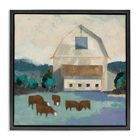 Stupell Industries Barnyard Grazing Cattle Landscape Painting Black Floater Framed Canvas Art Print Wall Art, 18 x 18