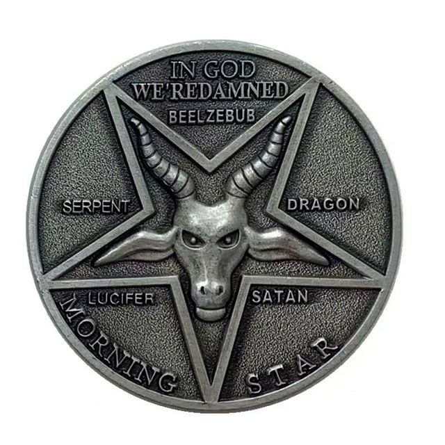 Moneda, pentagrama, calavera satánica de cabra, estrella de cinco puntas, níquel