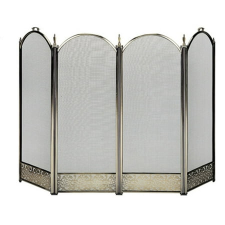 Antique Brass Fireplace Screen - 4 Fold Antique Brass Screen with Decorative Filigree