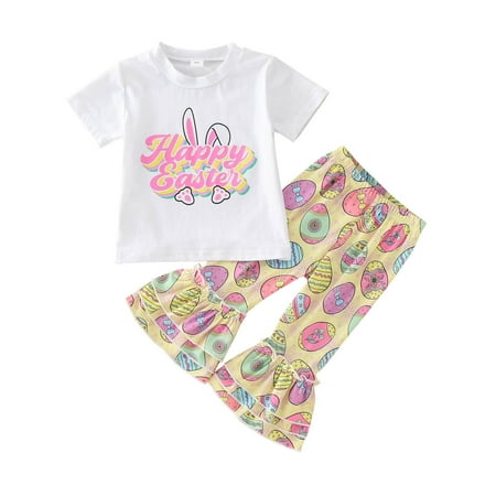 

Toddler Girls Easter Short Sleeve Cartoon Rabbit Printed T Shirt Pullover Tops Bell Bottoms Pants Kids Outfits Outfits for Girls Size 7-8