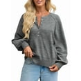 thumbnail image 3 of Women'S Button Crew Neck Sweater Fall Long Sleeve Henley Shirts Trendy Loose Knit Pullover Tops Grey M, 3 of 8