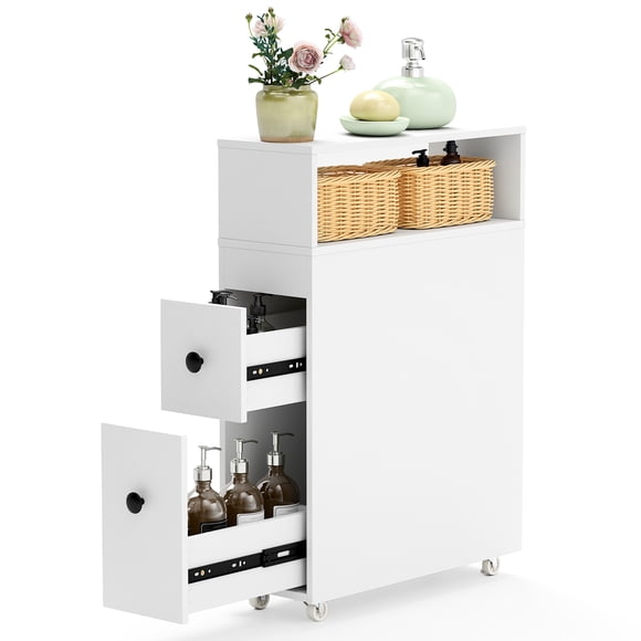 Costway Movable Bathroom Storage Cabinet Narrow Toilet Side Paper Holder w/ 2 Drawers