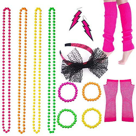 BRT 80s Fancy Dress Accessories Neon Necklace Bracelet Earrings Fishnet Gloves Leg Warmers Headband
