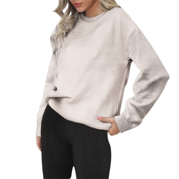ManxiVoo Women's Everyday Round Neck Long Sleeve Sweatshirt Cozy Fall and Winter Casual Wear L Size Beige