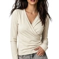 thumbnail image 3 of ZDNIXIAN Women Wrap V Neck Long Sleeve T Shirt ,Soft Stretchy Ruched Fitted Blouse, Casual Solid Color Surplice Front Slim Fit, 3 of 6