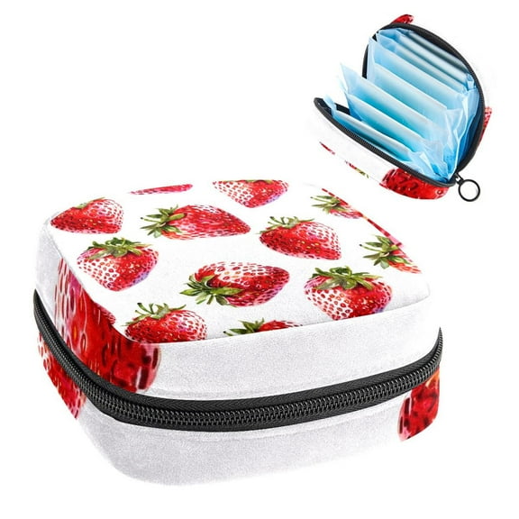 Sanitary Napkin Storage Bag for Girls Women, Portable First Period Pads Bag Tampons Holder Girls Travel Makeup Bag, Large Capacity Red Strawberries on White Background