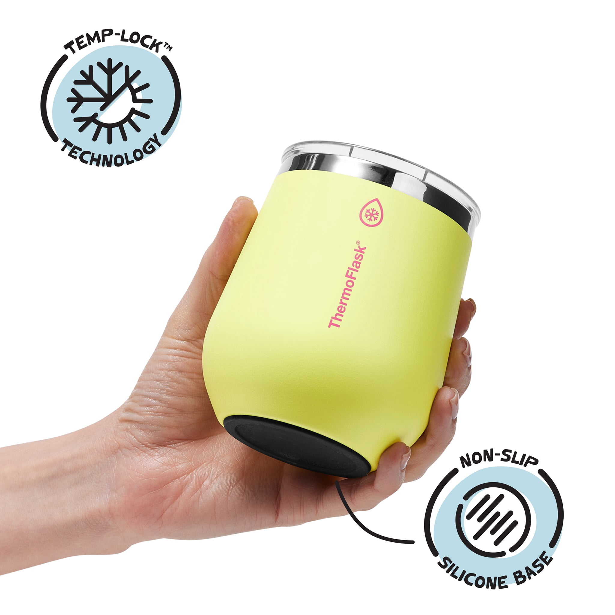 ThermoFlask Drinkware 12 oz Wine Tumbler - Double-Wall Insulated for Cold & Hot Drinks - Lightweight & Simple with Innovative Press In Slider Lid - Modern & Durable - Unmellow Yellow