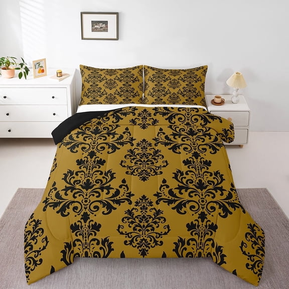 Erosebridal Bohemian Damask Comforter Sets Queen Size, Victorian Baroque Comforters & Duvets, Black Brown, Reversible 3-Piece