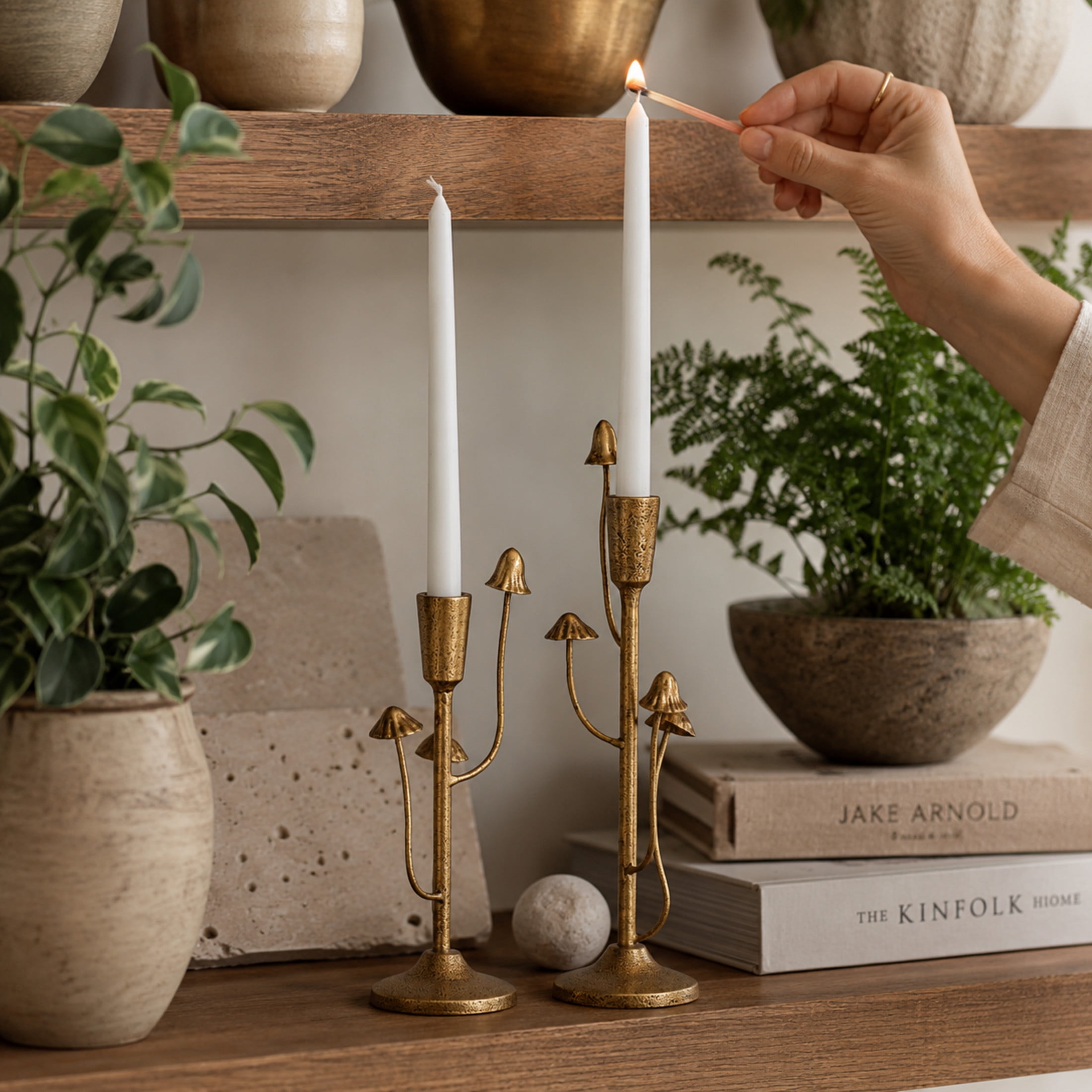 DecMode 2 Candle Gold Metal Abstract Mushroom Inspired Candle Holder, Set of 2