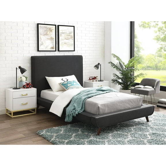 Loft Lyfe Jessie Classic Platform Bed Linen Upholstery Twin Size, Charcoal Finish Headboard