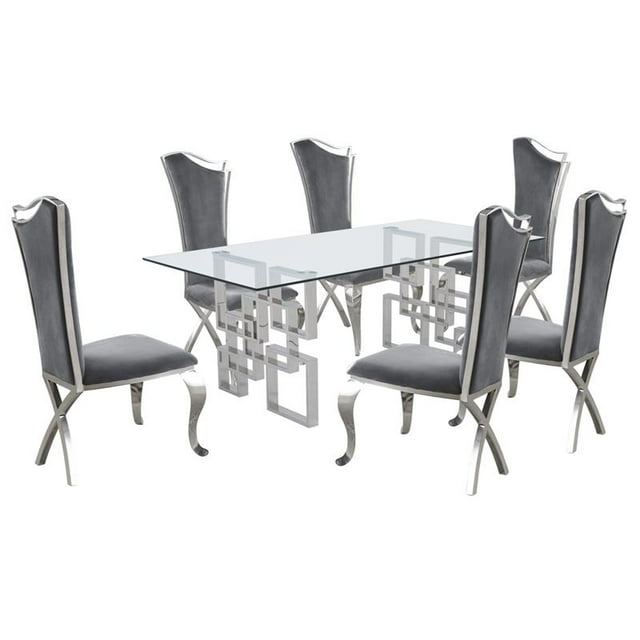 Rectangular Clear Glass 7pc Dining Set with Silver Stainless Steel Base