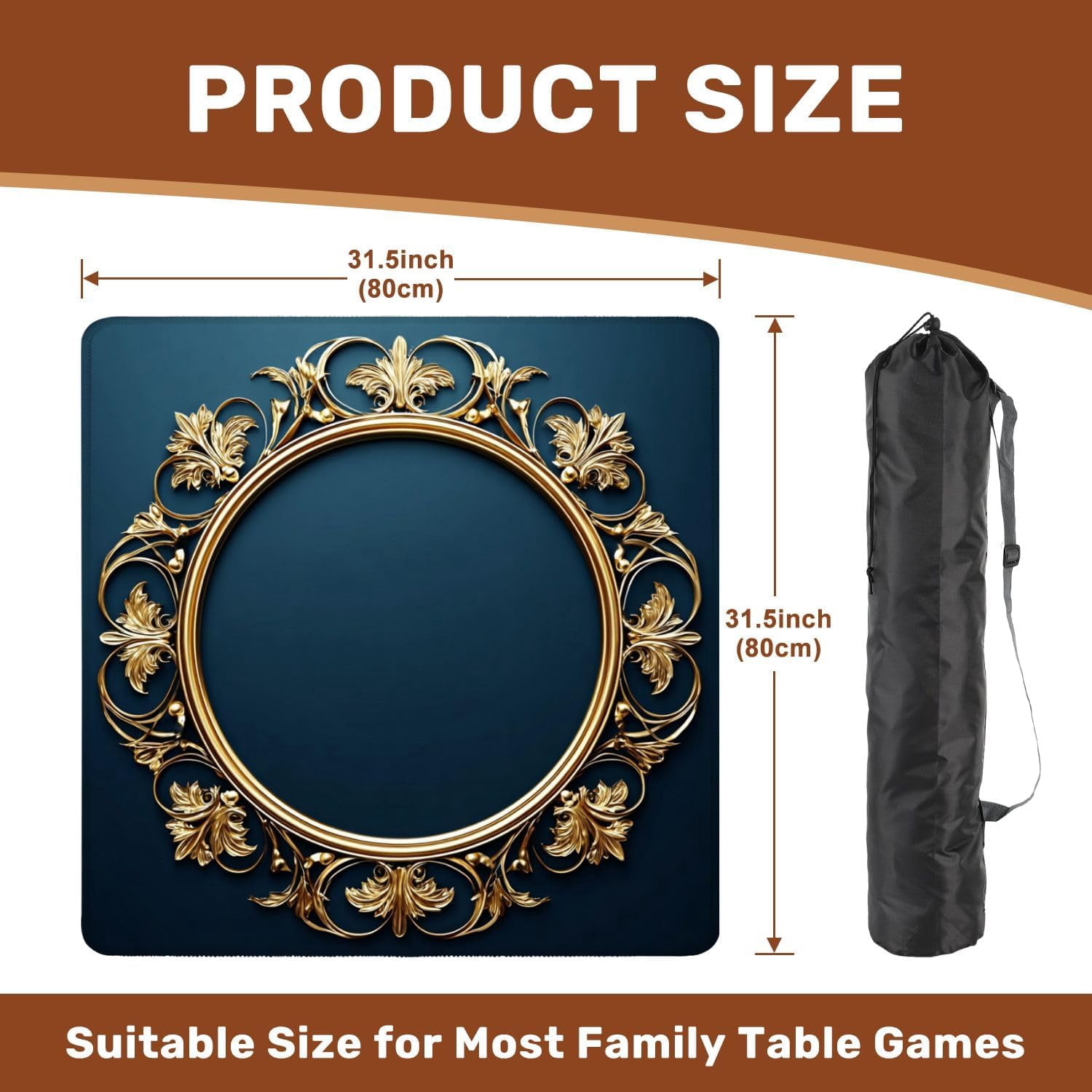Mahjong Mat 31.5" x 31.5" Luxurious Golden Baroque Ornate Round Frame Dark Teal Blue Non-Slip Noise Reduction Mahjong Tiles Table Cover for Dominoes Poker Card Board and Tile Games Gift