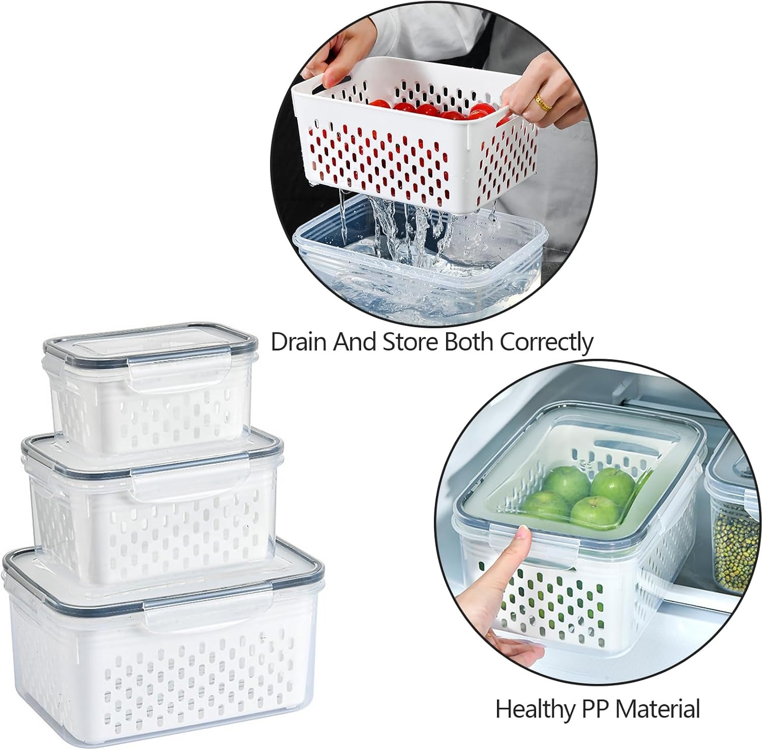 3 Pack Fruit Storage Containers for Fridge with Removable Colanders - Food Storage Containers with Lids, BPA-Free Produce Containers Keep Fruits, Vegetables, Berry, Meat Fresh Longer