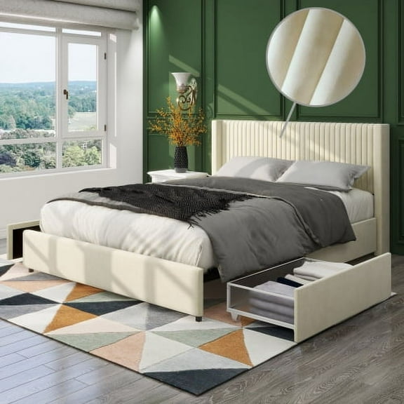 GDF Studio Anna Queen Size Velvet Upholstered Wingback Platform Bed with 2 Drawers Storage, Ivory