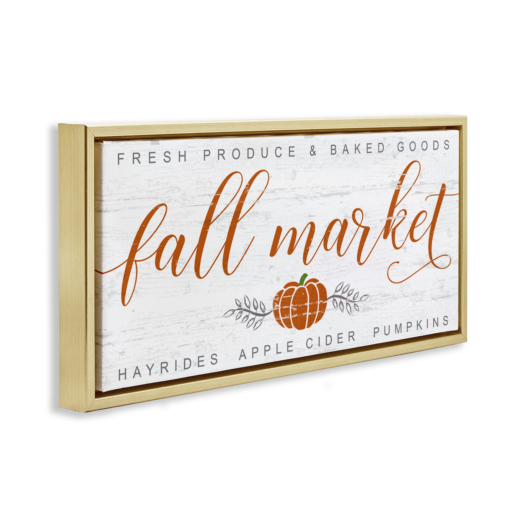 Stupell Industries Charming Fall Market Sign Holiday Painting Gold Floater Framed Canvas Art Print Wall Art, 31 x 14