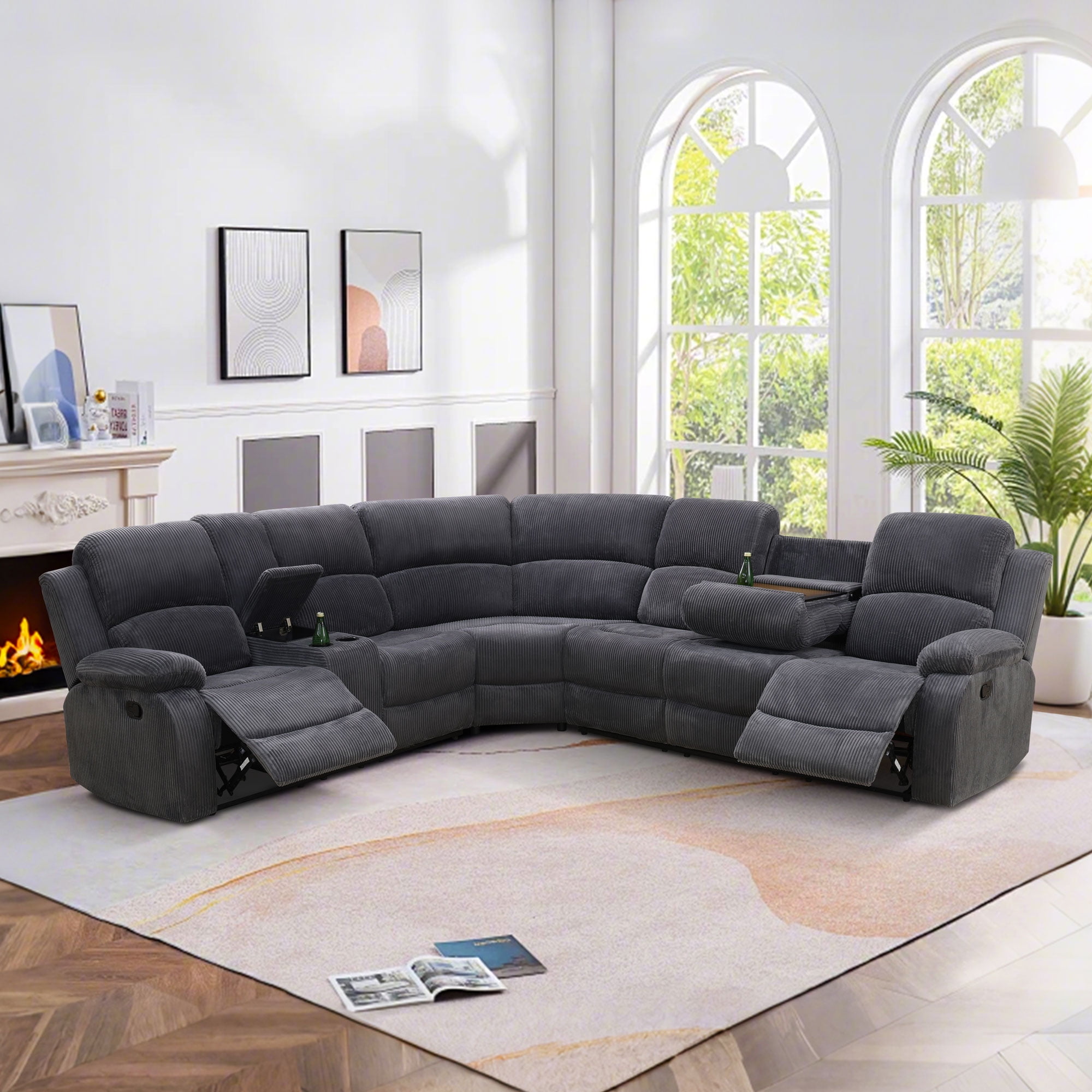 Gewnee Chenille Manual Reclining Sectional Sofa with Cup Holders ,Oversize Reclining Couch for Living Room