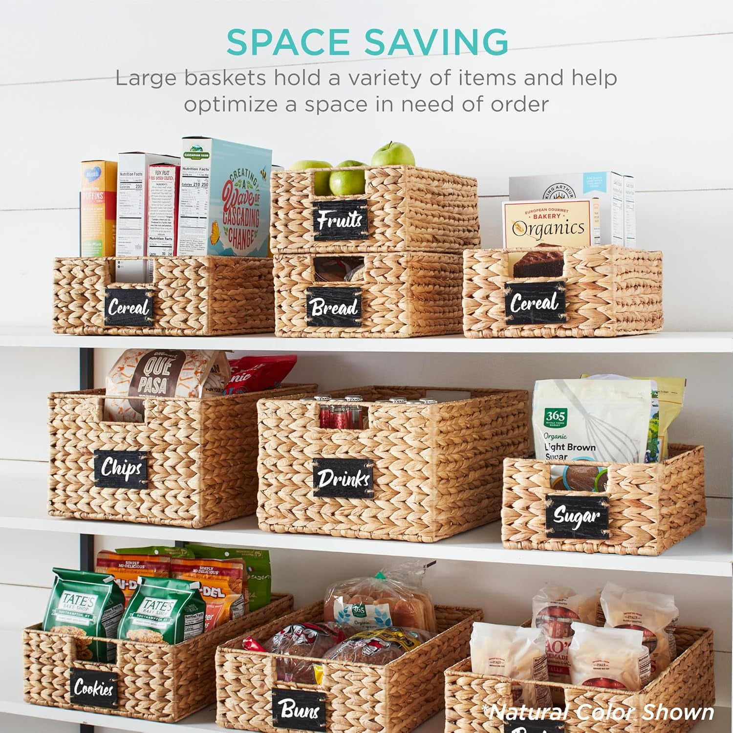 Neatifyes Pantry Baskets Set of 2 16x12in Water Hyacinth Storage Baskets, Woven Wicker Kitchen Organizers with handles w/Chalkboard Label Chalk Marker - Chestnut